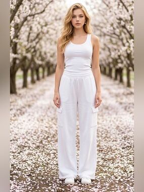 DKNY White Wide-Leg Cargo Lounge Pants